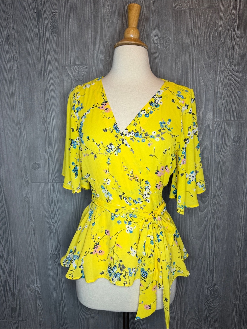 LOFT Yellow Floral Wrap Peplum Blouse